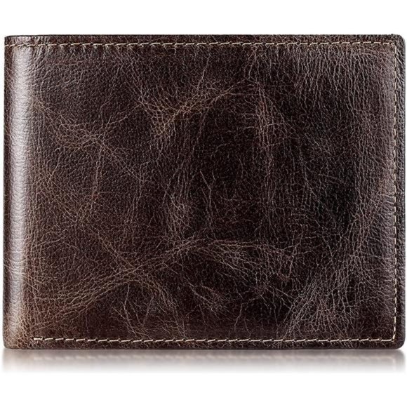 Men's Genuine Leather Bifold Wallet – RFID Blocking, 13 Card Slots, ID Window, Gift Box Included